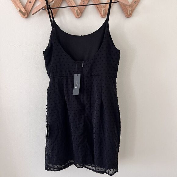 Lulus Black Swiss Dot Mini Wrap Dress - Medium - Picture 9 of 12